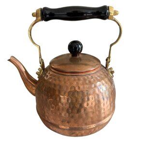Vintage 80's Hammered Copper Tea Kettle Brass Hardware Aged Patina Old Rustic